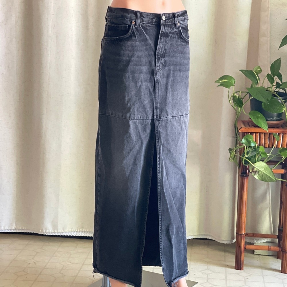 Reformation Tazz Maxi Denim Skirt Liman Faded Black Front Slit Raw Hem Grunge 27